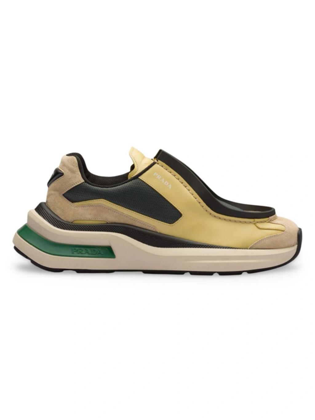 PRADA Brushed Leather Sneakers With Bike Fabric And Suede Elements In Yellow Product Image