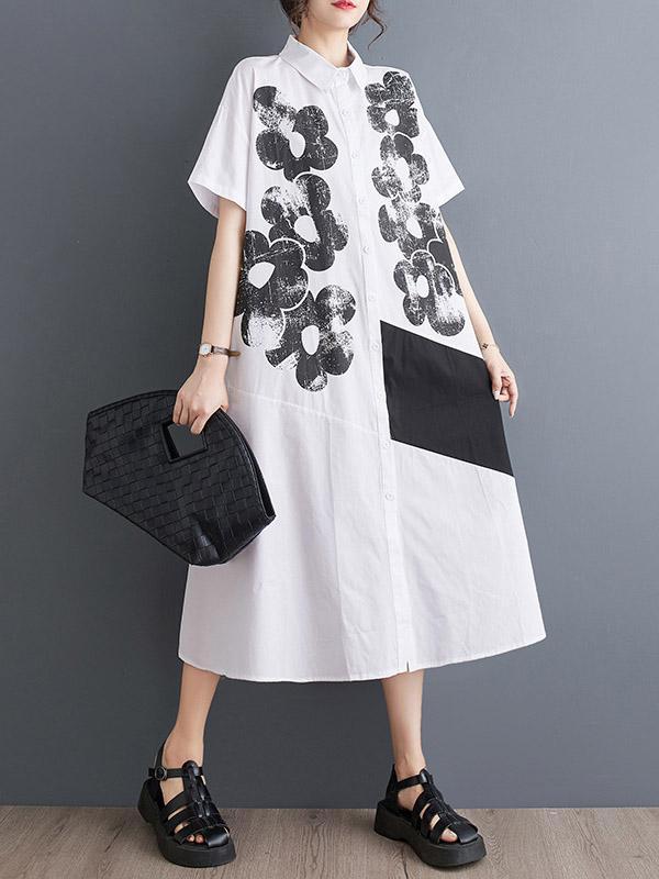 A-Line Loose Asymmetric Buttoned Flower Print Lapel Midi Dresses Shirt Dress Product Image