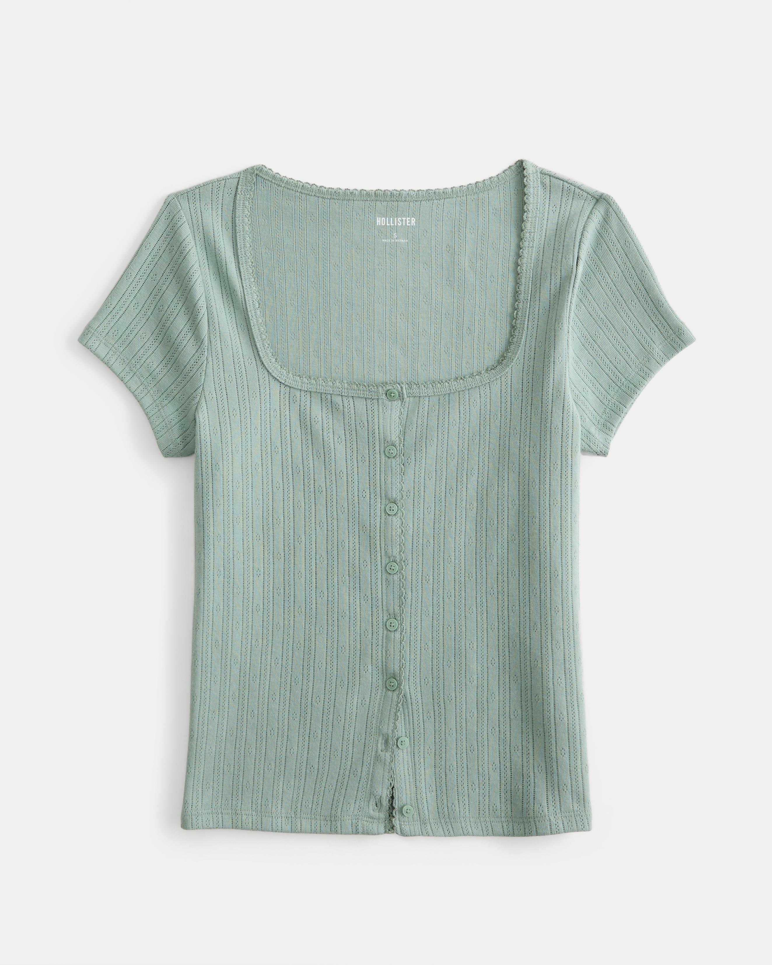 Short-Sleeve Button-Through Pointelle Top Product Image