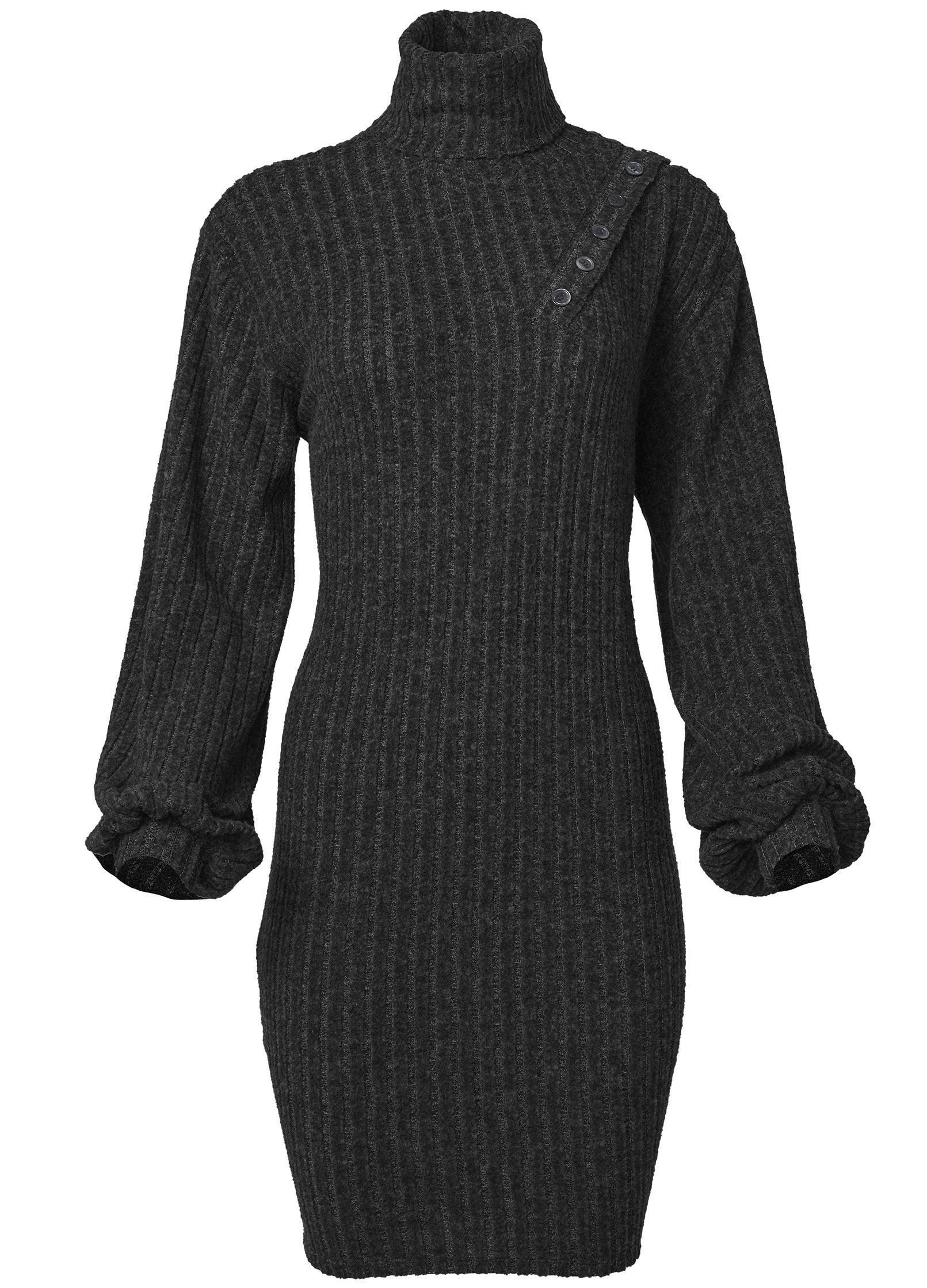 Ribbed Hacci Button Dress - Black Product Image