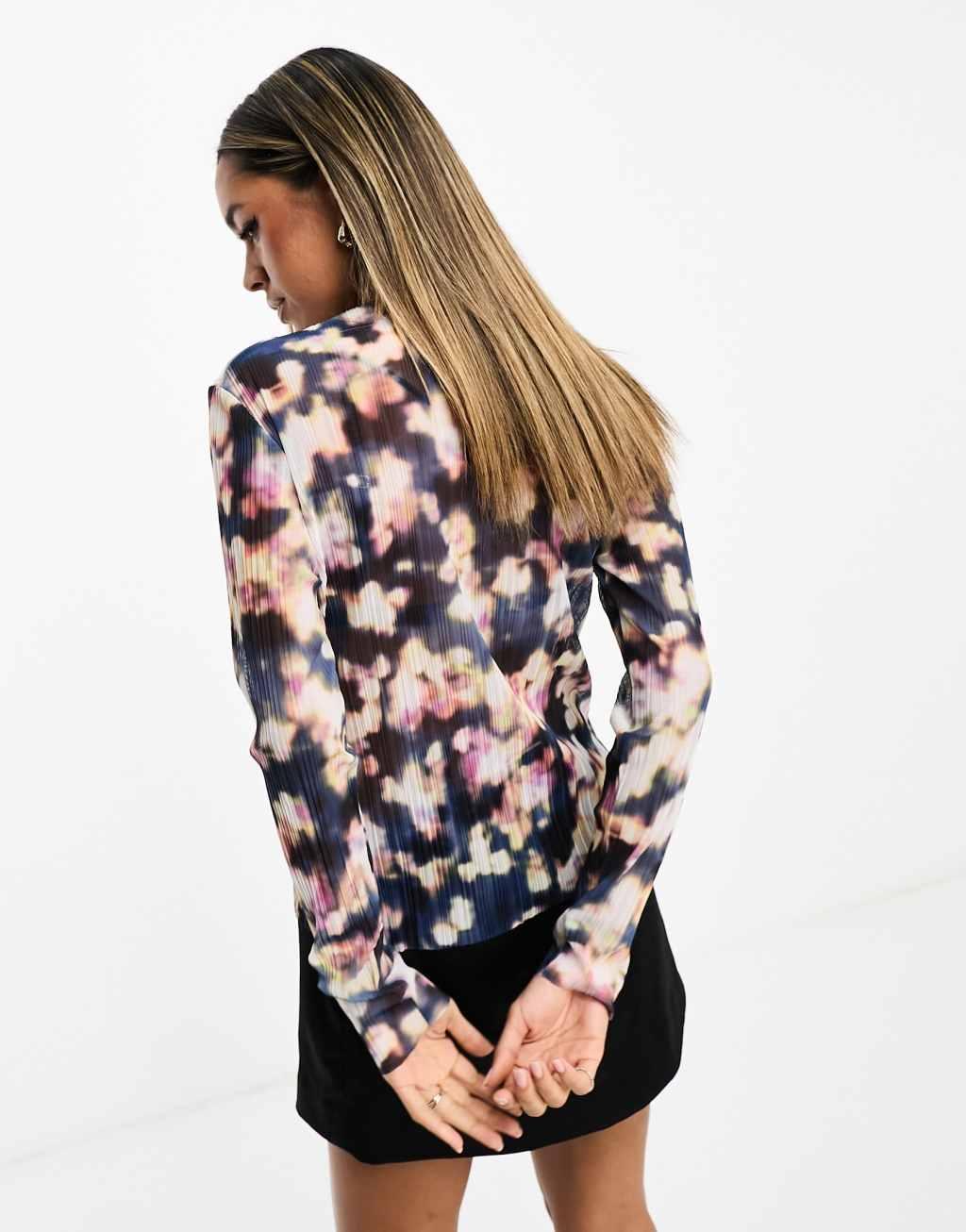 & Other Stories plisse mesh long sleeve top in blurred floral print Product Image