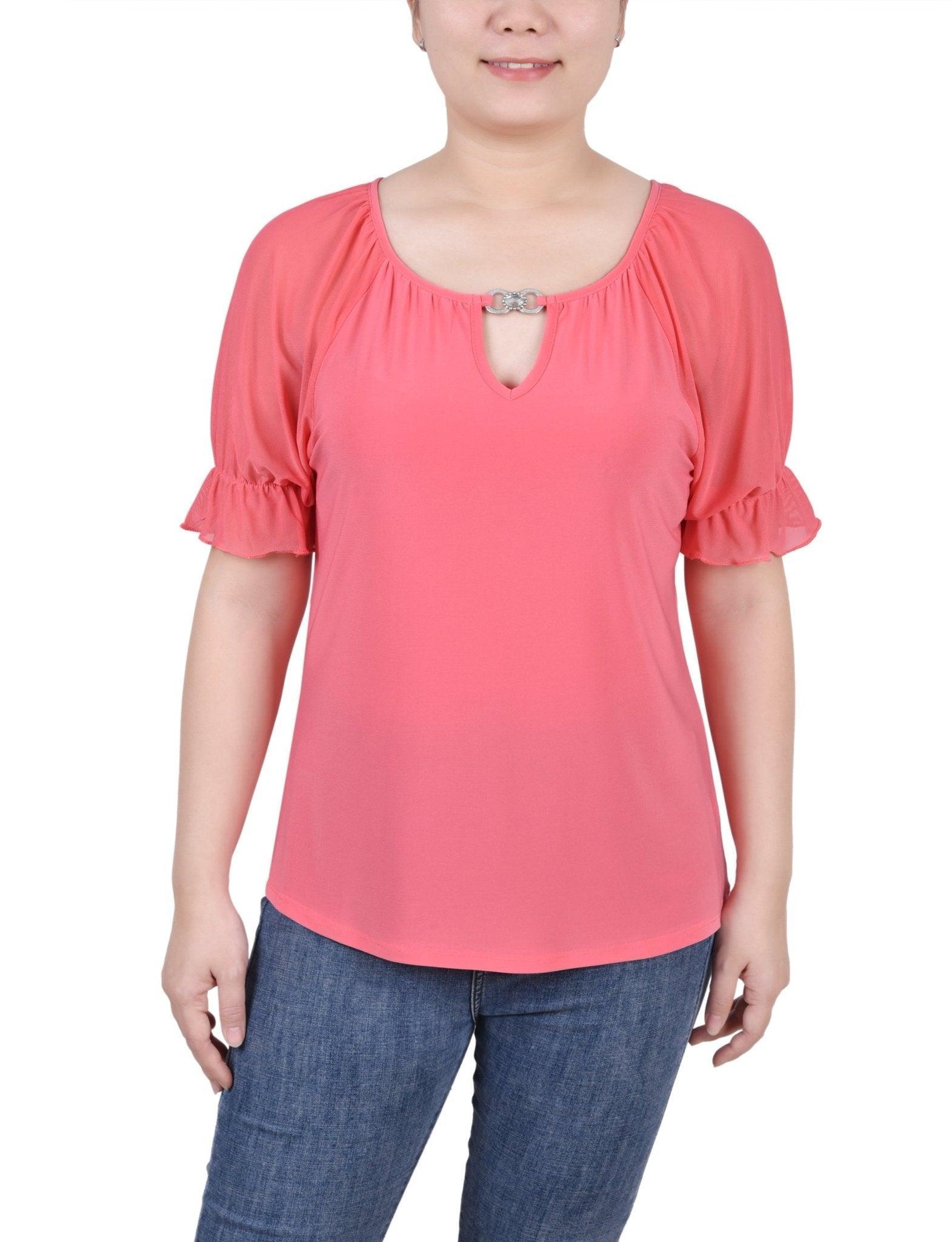 Short Ruffle Sleeve Top With Rhinestones - Petite Product Image