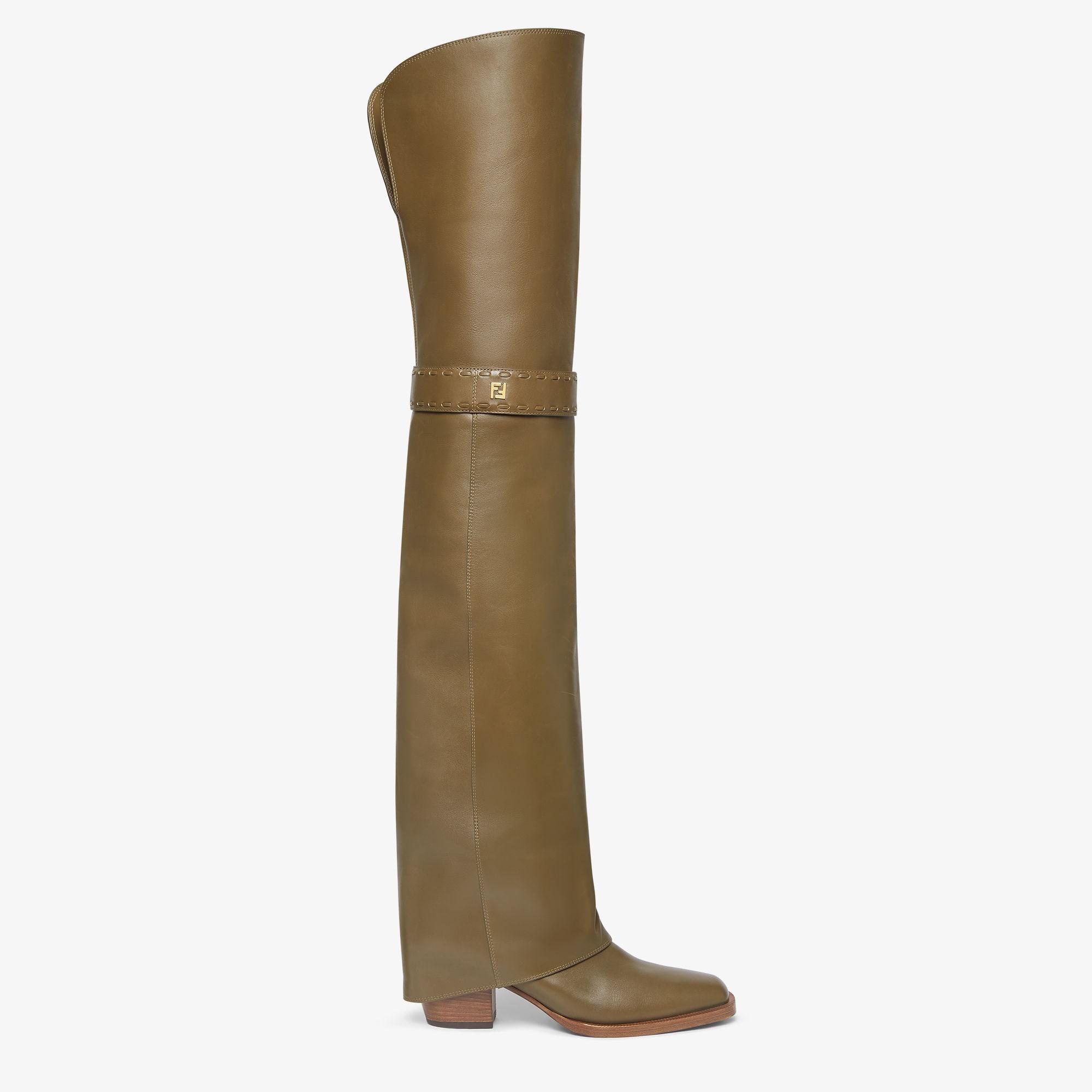 Fendi ShowGreen leather medium-heeled thigh-high boots Product Image