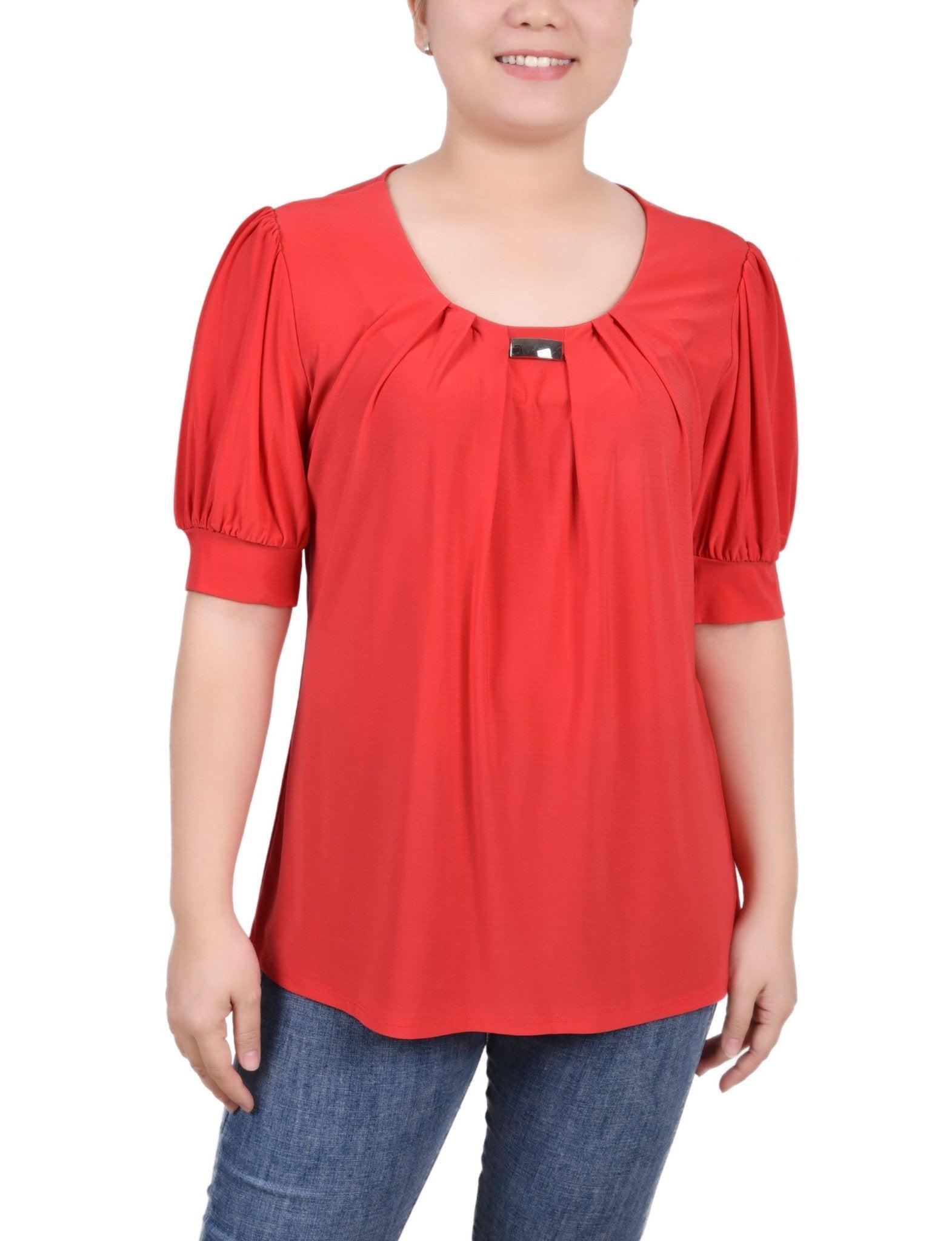 Short Sleeve Balloon Sleeve Top With Hardware - Petite Product Image