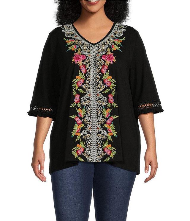 Calessa Plus Size Comfort Stretch Embroidered V Neck 3/4 Sleeve Straight Hem Pullover Tunic Product Image