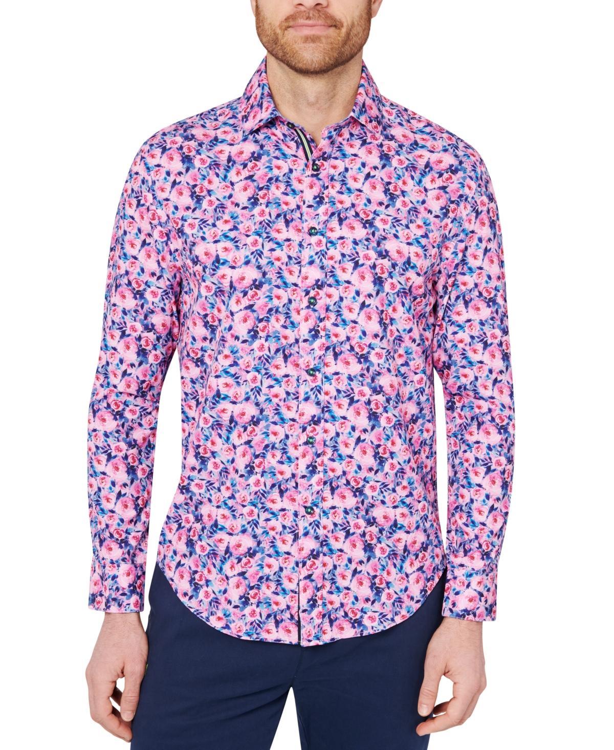 Society of Threads Mens Slim-Fit Pink Floral Performance Shirt Product Image