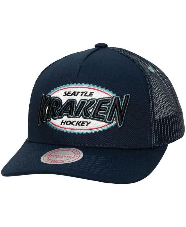 Mens Mitchell & Ness Navy Seattle Kraken Team Seal Trucker Snapback Hat Product Image