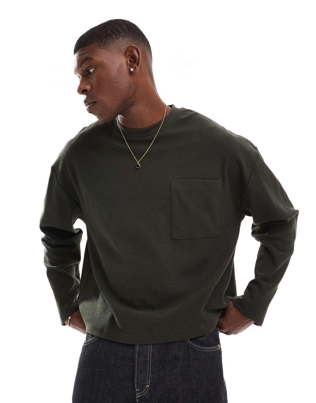 ASOS DESIGN oversized long sleeve t-shirt with front pocket in dark khaki Product Image