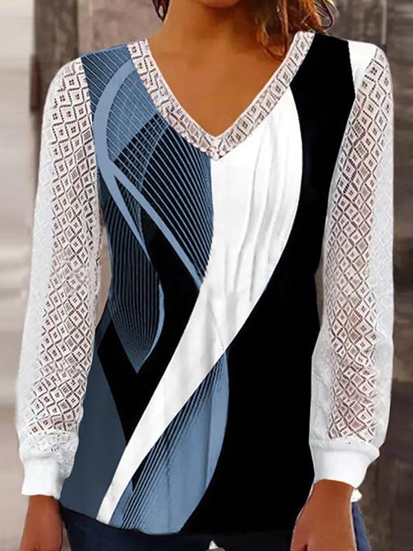 Long Sleeves Loose Printed See-Through Split-Joint V-neck T-Shirts Tops Product Image