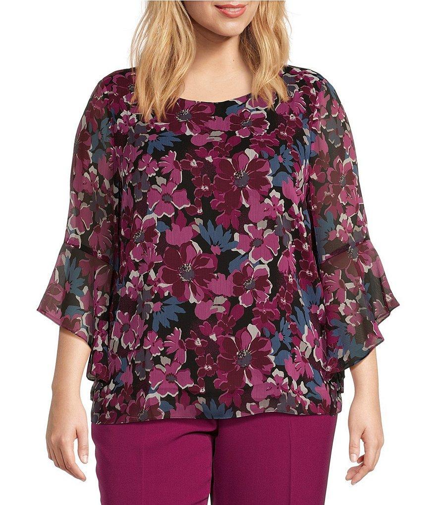 Kasper Plus Size Floral Crew Neck 3/4 Ruffle Sleeve Blouse Product Image