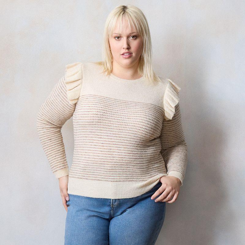 Plus Size LC Lauren Conrad Ruffled Pullover Top, Womens Ivory And Brown product image