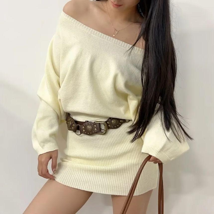 Off Shoulder Plain Mini Sweater Dress Product Image