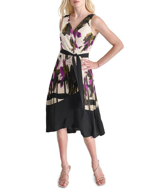 DKNY by Donna Karan Crinkle Chiffon Crepe Printed Surplice V-Neck Sleeveless Tie Waist Dress Product Image