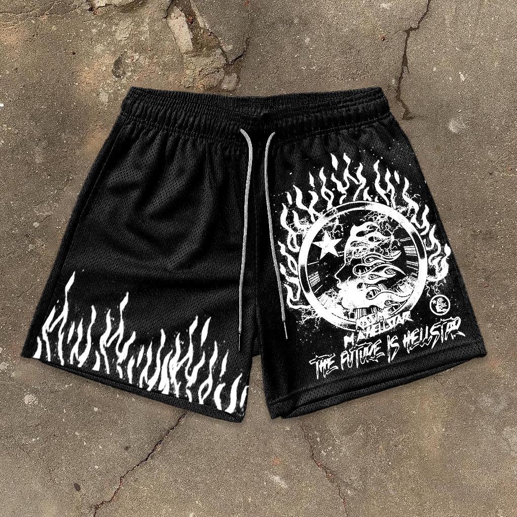 Sopula Hellstar Flame Graphic Casual Street Mesh Shorts Product Image