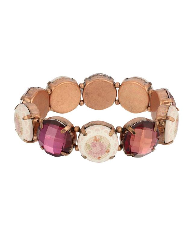 1928 Copper Tone Simulated Amethyst & Floral Round Stone Stretch Bracelet, Womens, Purple Product Image