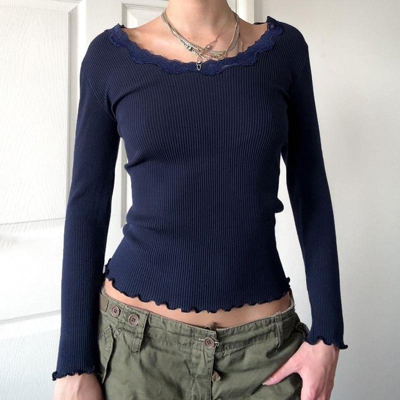 Long Sleeve Lace-Trim Plain Ribbed-Knit Slim-Fit Crop Top Product Image