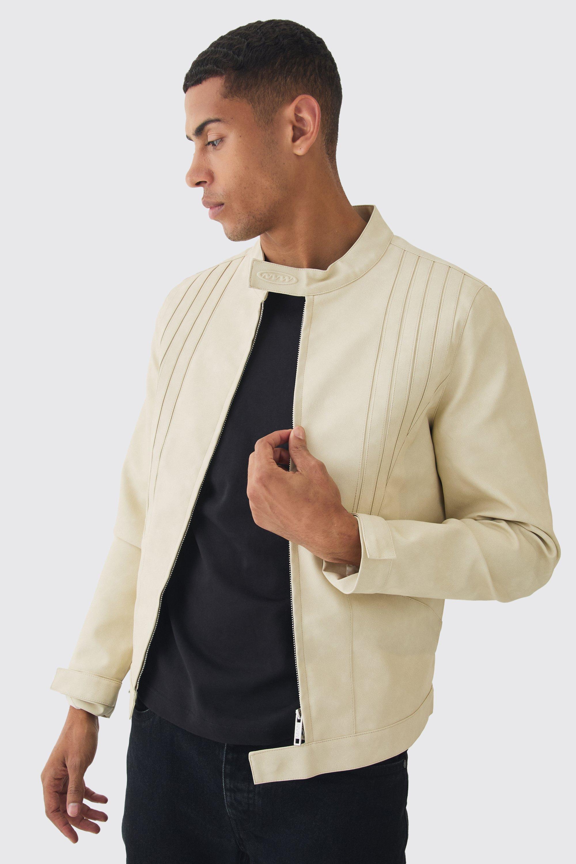 Man Washed PU Tonal Biker Jacket In Ecru | boohooMAN USA Product Image