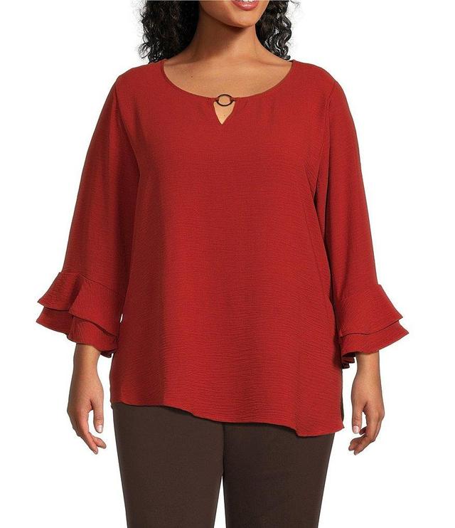 Allison Daley Plus Size 3/4 Ruffle Sleeve Keyhole Neck Blouse Product Image