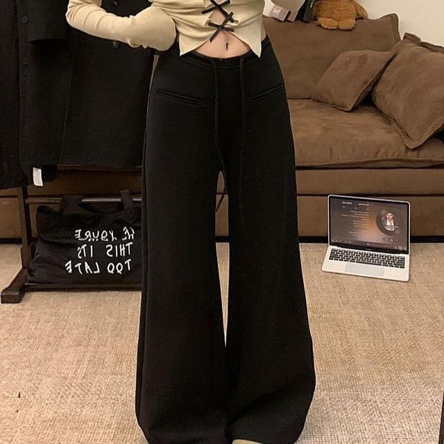 Drawstring Waist Plain Wide Leg Pants Product Image