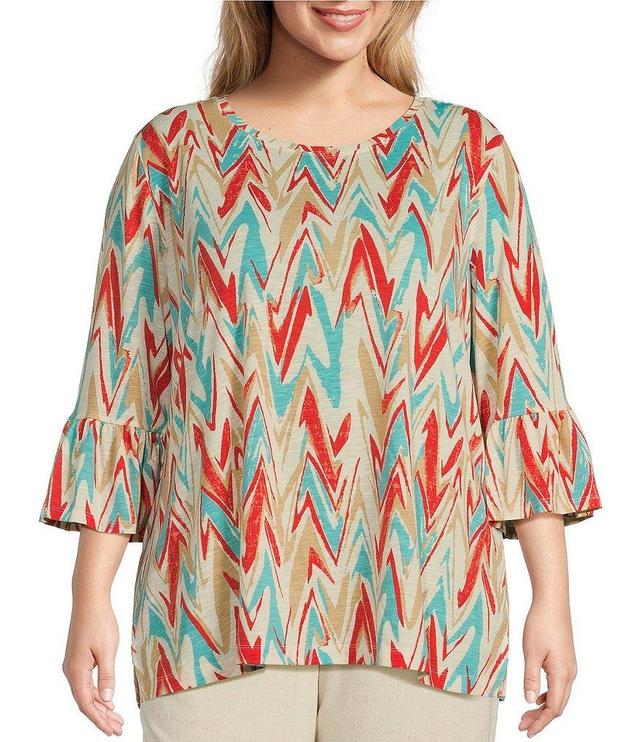 Multiples Plus Size Slub Knit Abstract Print Scoop Neck 3/4 Ruffle Sleeve Top Product Image