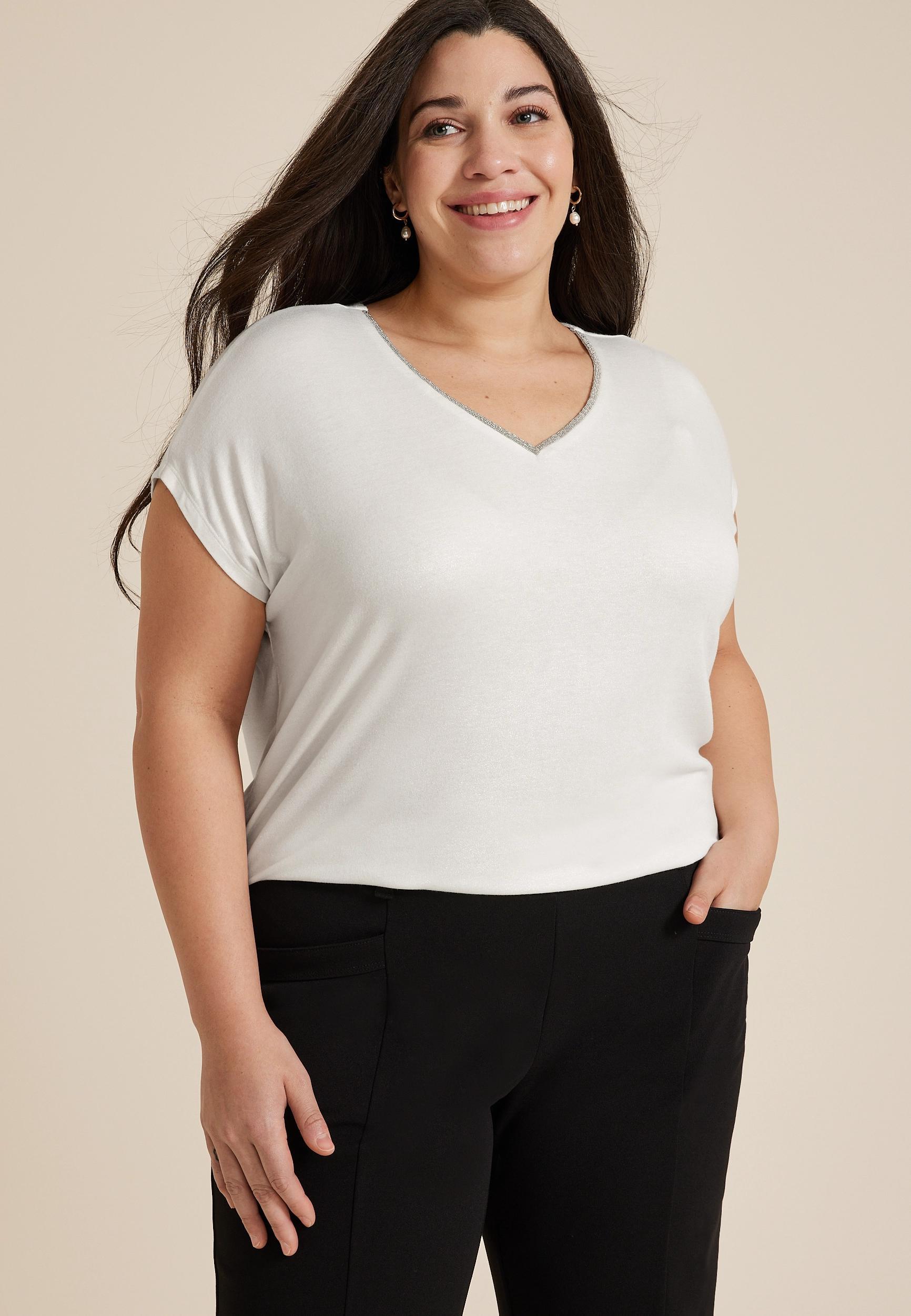 Maurices 1X Plus Size Womens Edgely Metallic Trim V Neck Tee White Product Image