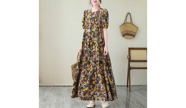 Short-Sleeve Floral Maxi A-Line Dress Product Image