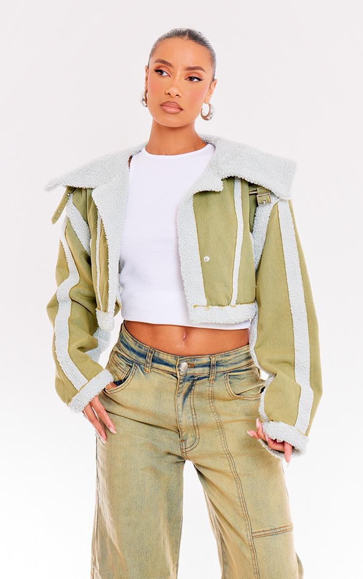 Washed Khaki Borg Detail Crop Denim Jacket Product Image