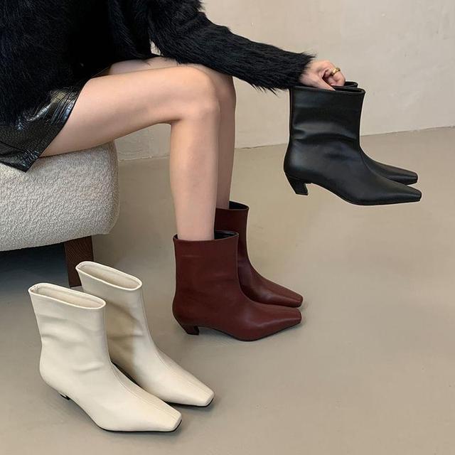 Chunky Heel Plain Faux Leather Short Boots Product Image