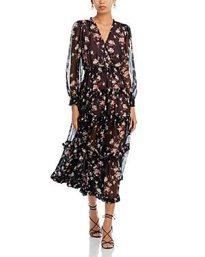 LoveShackFancy Kailo Floral Ruffle Long Sleeve Tiered Silk Midi Dress Product Image