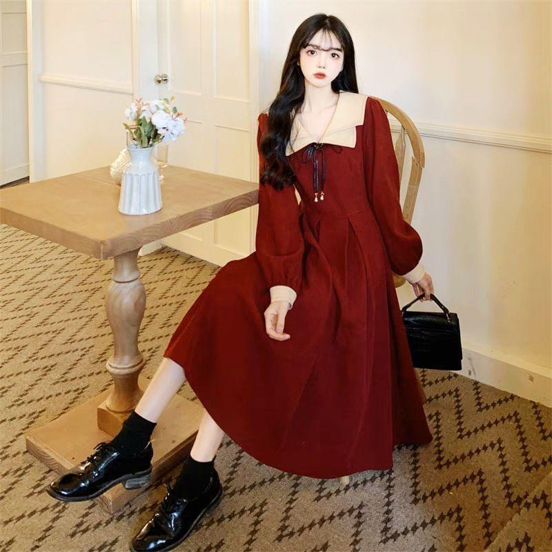 Long-Sleeve Collar Two Tone Bow Midi A-Line Dress Product Image