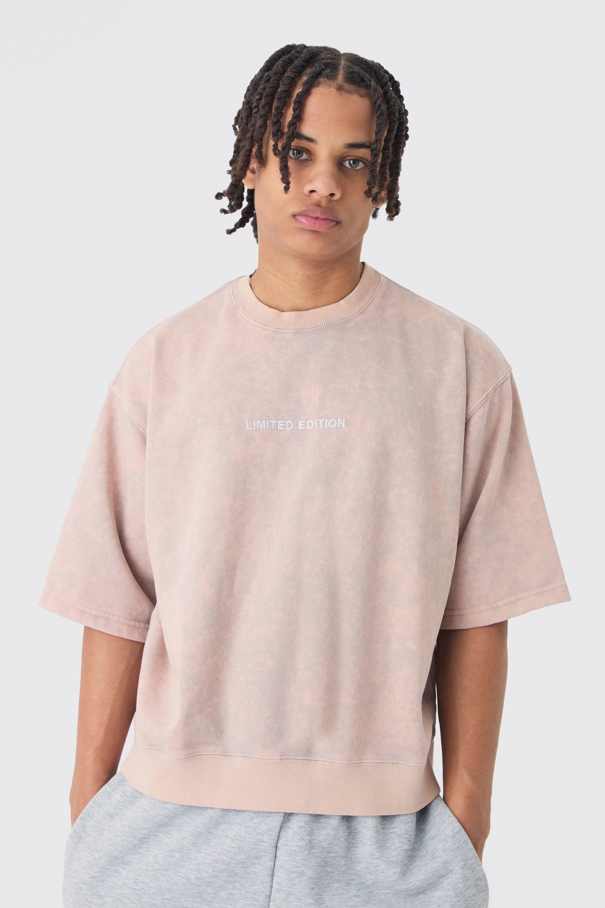 Mens Pink Oversized Boxy Half Sleeve Acid Washed Sweatshirt, Pink Product Image