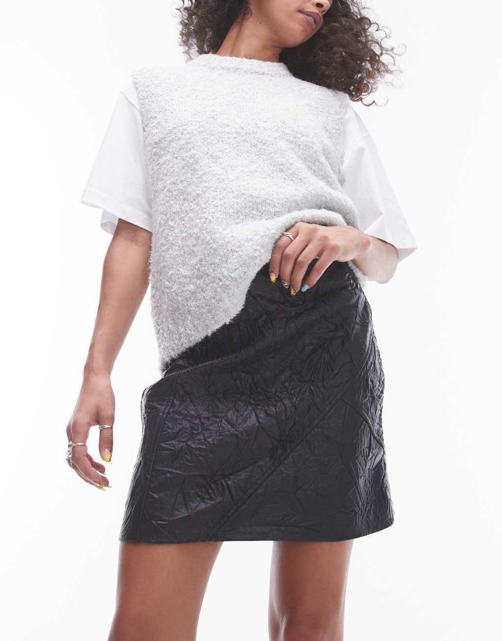 Topshop faux leather crinkle mini skirt in black Product Image