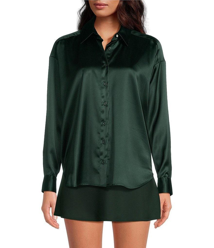 Gianni Bini Skylar Point Collar Button Front Long Sleeve Satin Blouse Product Image