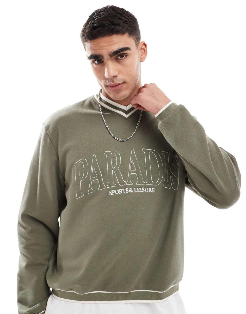 ASOS DESIGN oversized boxy v neck sweatshirt with print in green Product Image