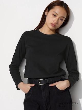 Womens Smooth Stretch Cotton Crew Neck T-Shirt Long Sleeve Black Small UNIQLO US Product Image