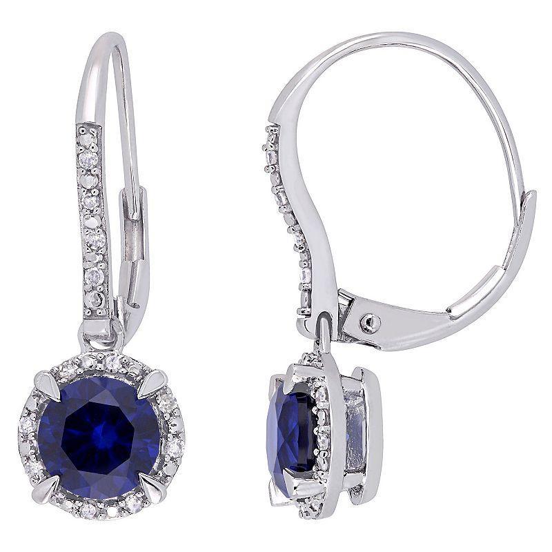 Stella Grace 10k White Gold 1/10 Carat T.W. Diamond & Lab-Created Sapphire Halo Leverback Earrings, Womens Product Image