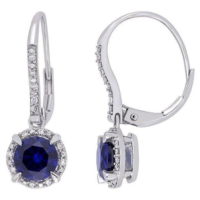 Stella Grace 10k White Gold 1/10 Carat T.W. Diamond & Lab-Created Sapphire Halo Leverback Earrings, Womens, Blue Product Image