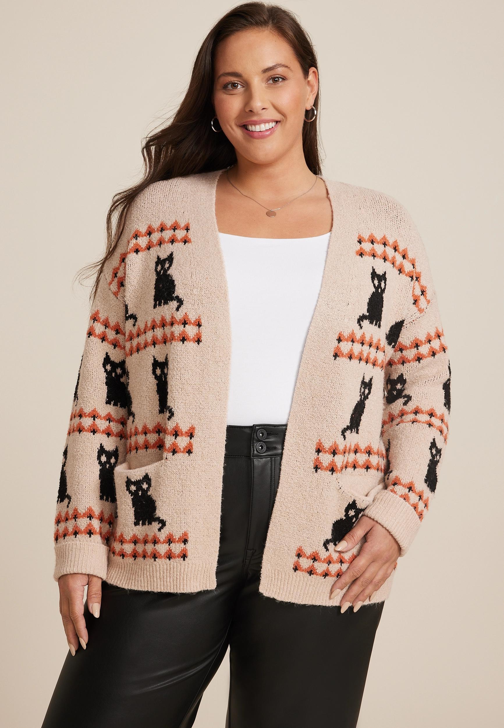 Maurices Plus Size Womens Cat Long Sleeve Cardigan Beige Size 3X Product Image