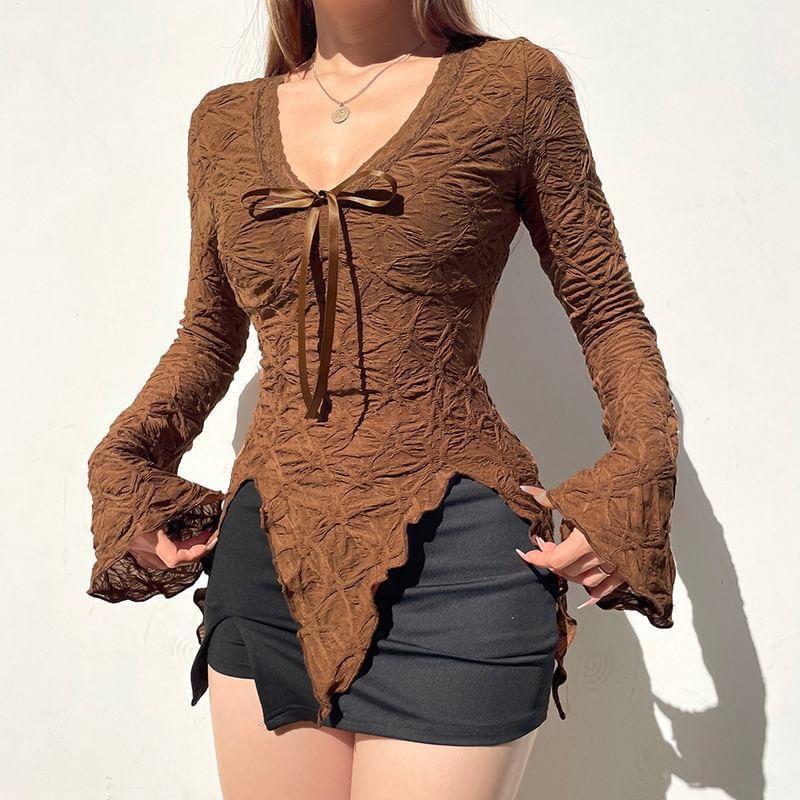 Bell Sleeve V-Neck Lace-Trim Bow Accent Ruched Slim-Fit Top Product Image