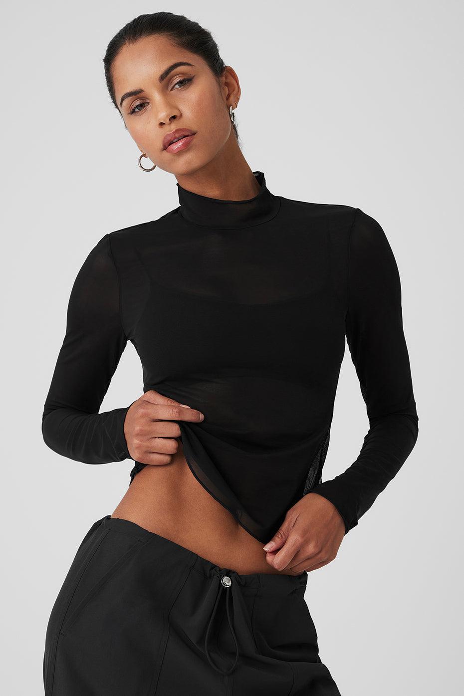 Mesh Sheer Illusion Mock Neck Long Sleeve - Black Product Image