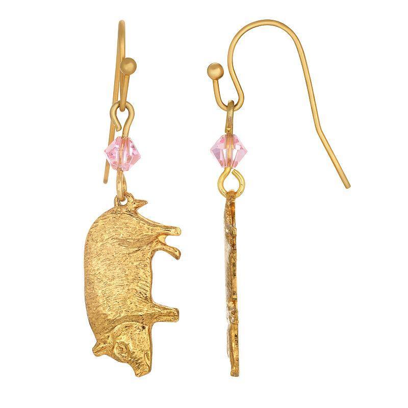 1928 Gold Tone Pink Bead Pig Drop Earrings, Womens Product Image