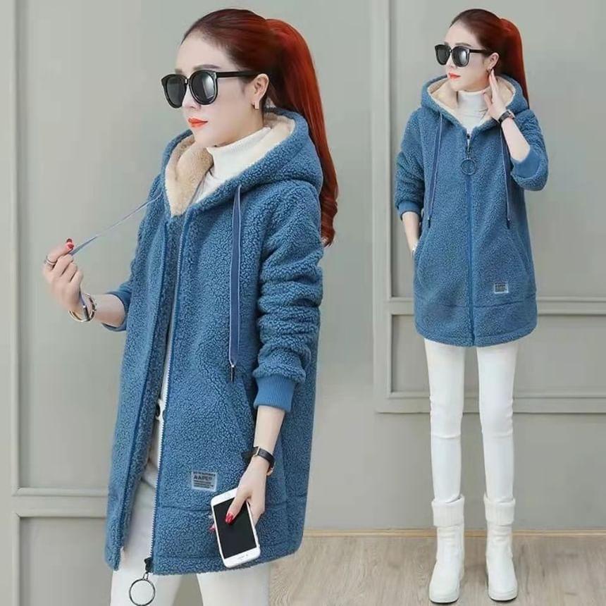 Plain Hooded Faux Shearling Long Zip Jacket Product Image