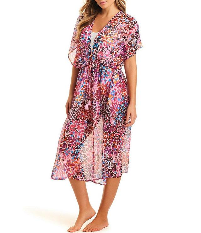 Jessica Simpson French Exit Chiffon Cheetah Print Tie Waist Midi Swim Cover-Up Dress Product Image