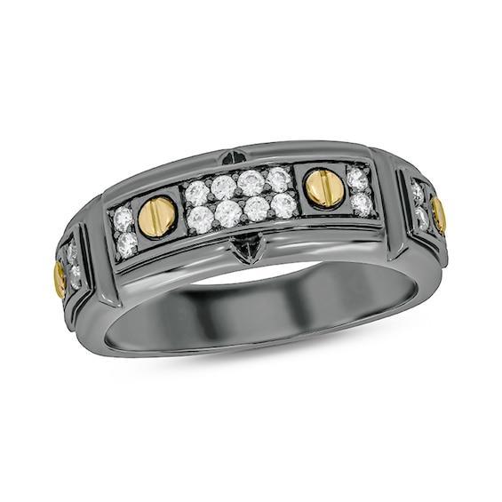 Men's 1/3 CT. T.w. Diamond Double Row Black Rhodium Sterling Silver Band with 14K Gold Plate Screw Accents Product Image