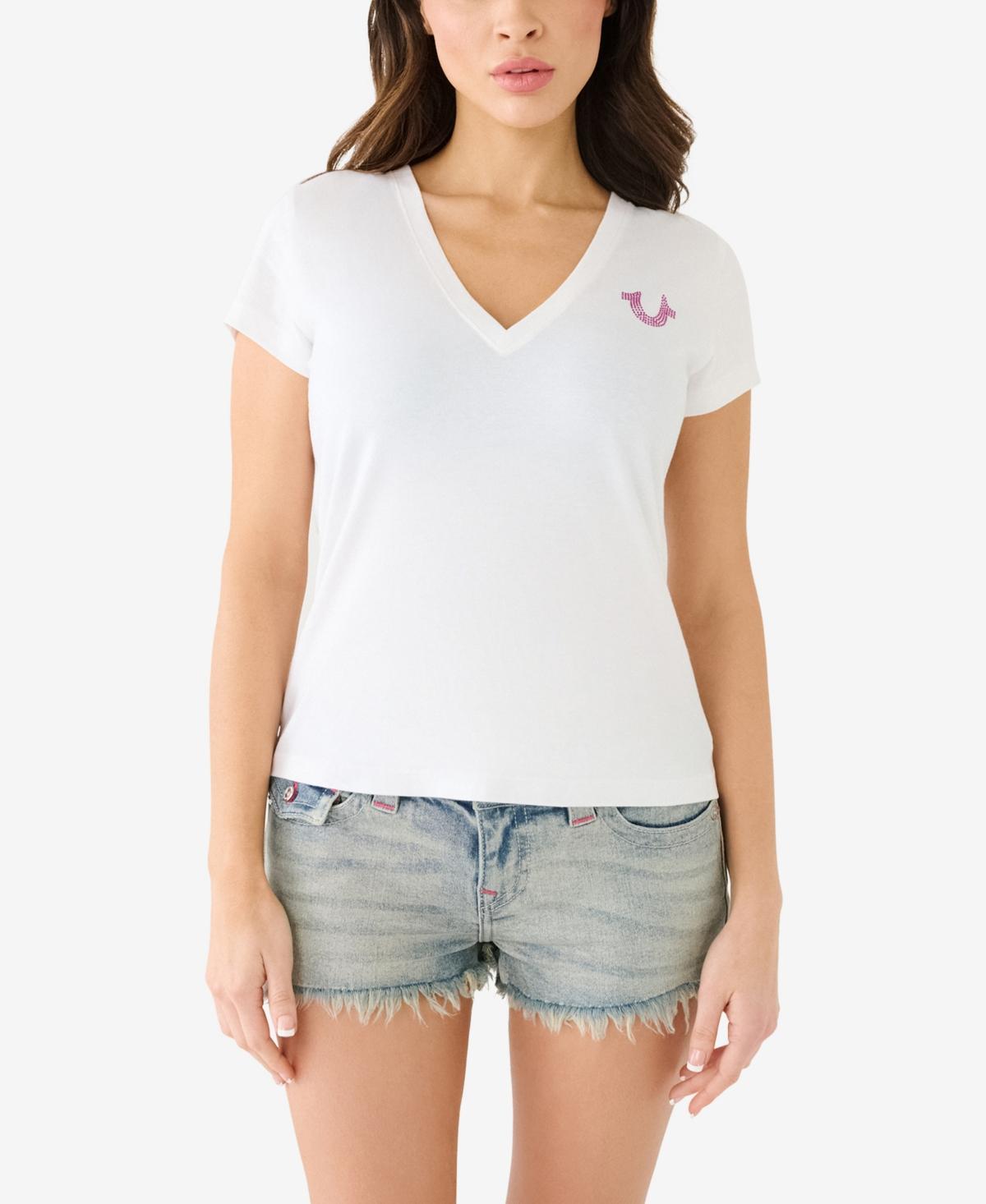 True Religion Womens Shorts Sleeve Ombre Crystal Horseshoe V-neck T-shirt Product Image