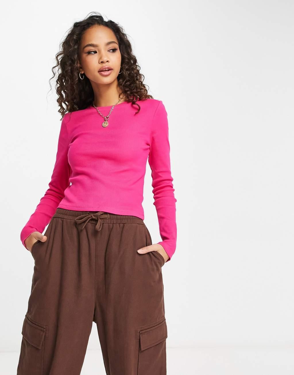 Pieces ribbed crop top in pink Product Image