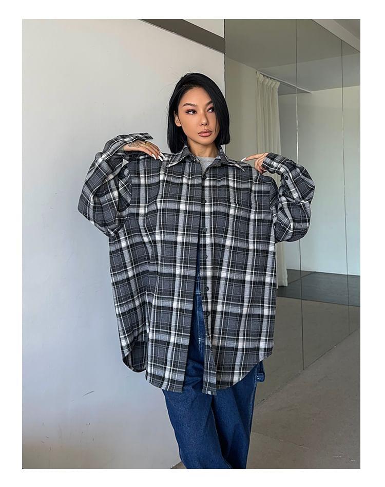 Long Sleeve Collared Plaid Oversized Shirt Product Image