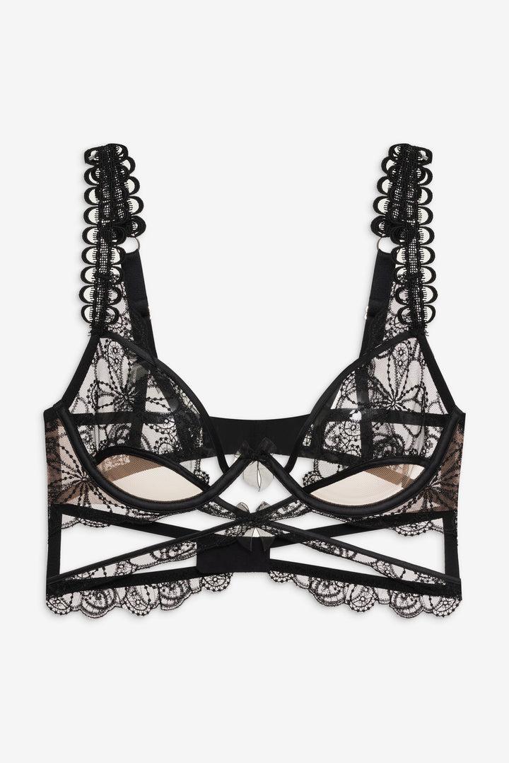 Swirly Floral Embroidered Bra — Noir Product Image