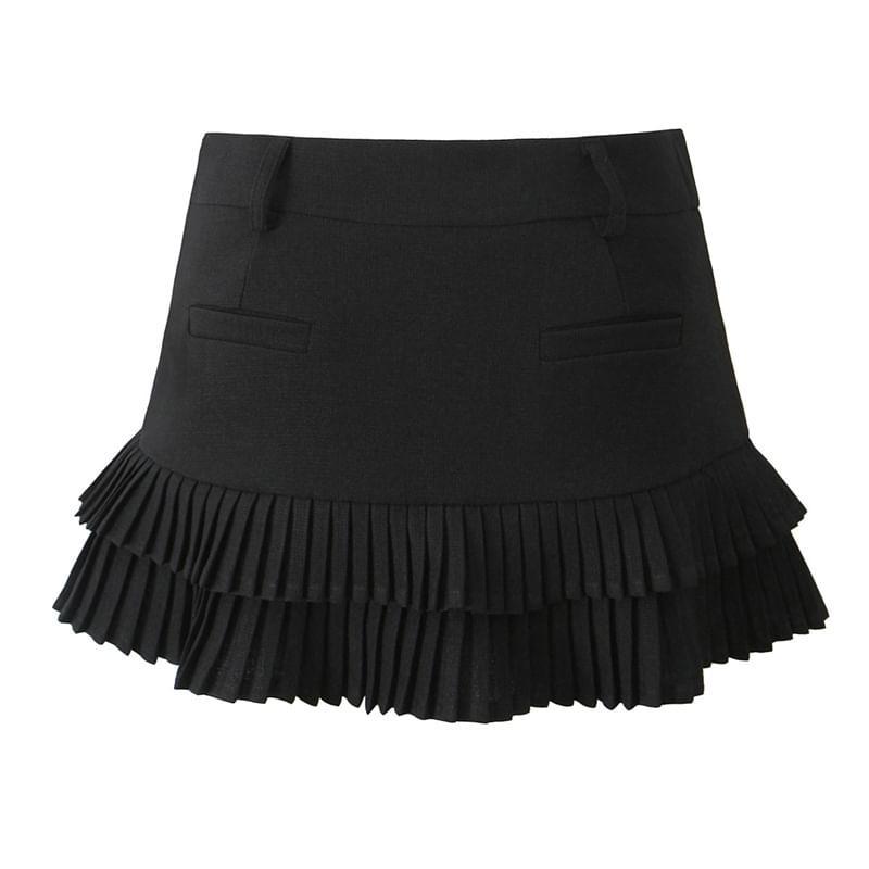 High Rise Plain Pleated Hem Mini A-Line Skirt Product Image