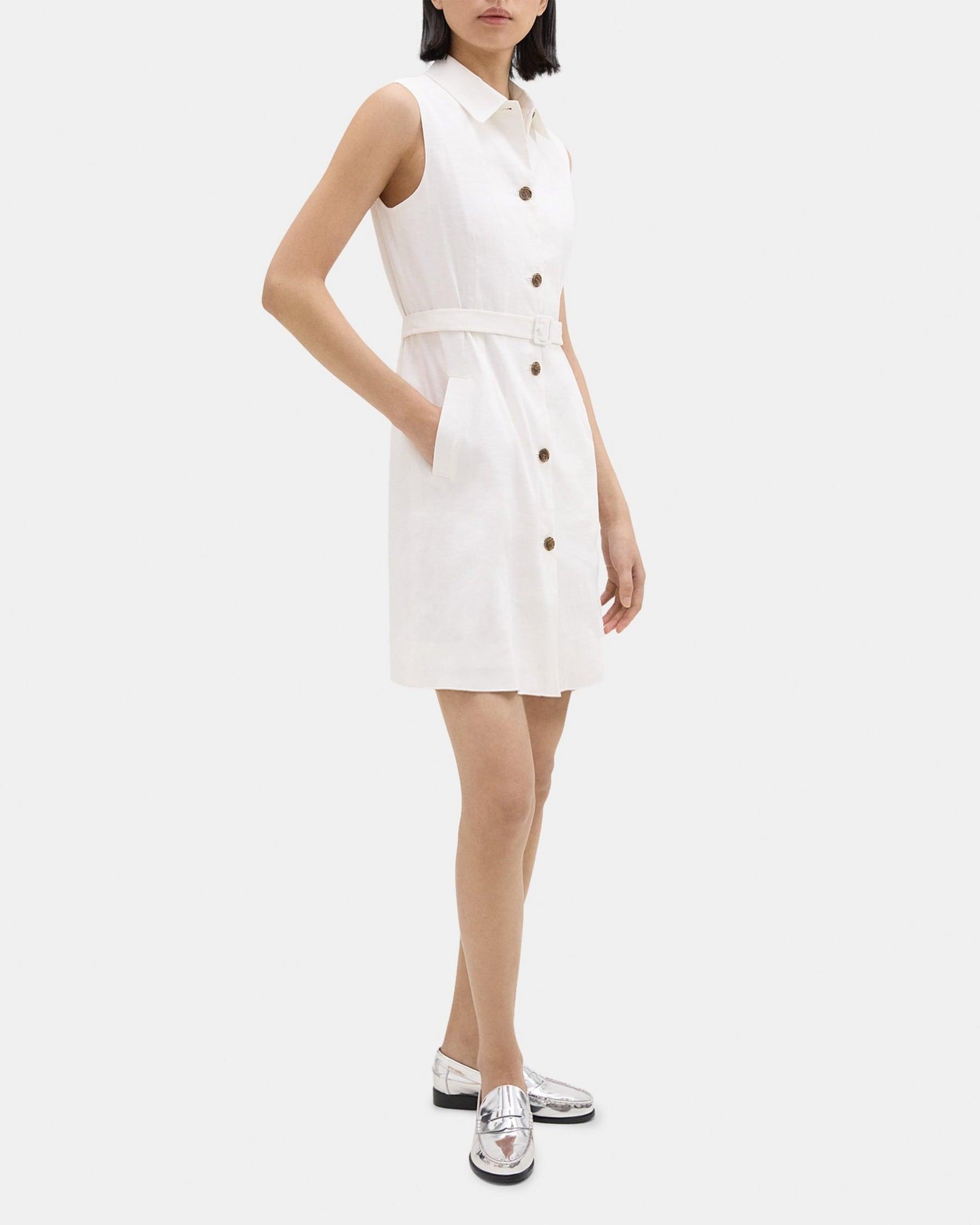 Belted Military Dress in Stretch Linen Product Image